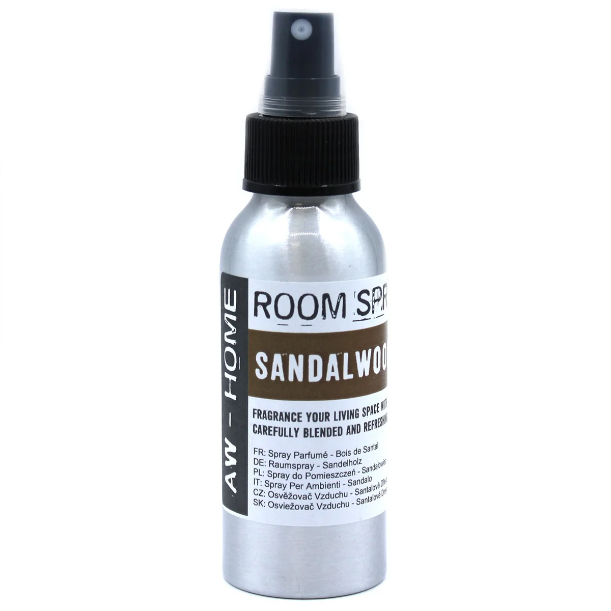 100ml bottle of sandalwood room spray with a simple label on a white background