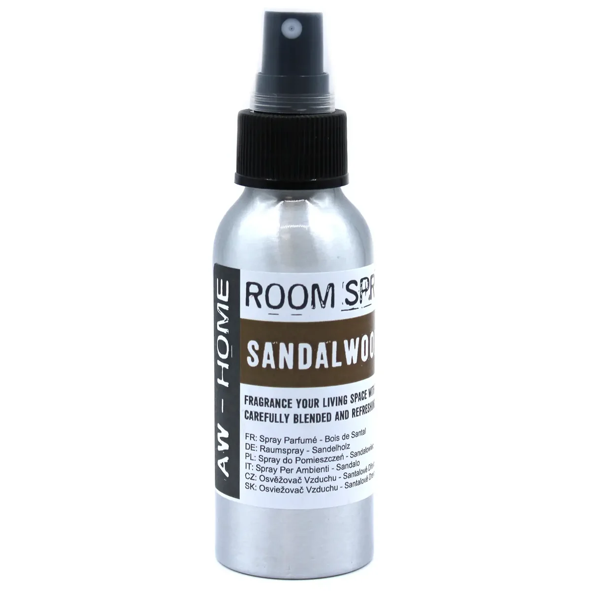 100ml room spray bottle with sandalwood fragrance label on a plain white background