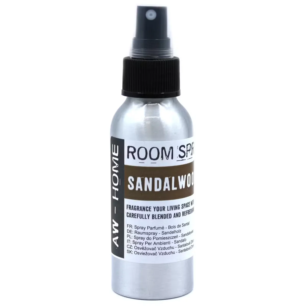 100ml bottle of sandalwood home room spray with a sleek label on a neutral background