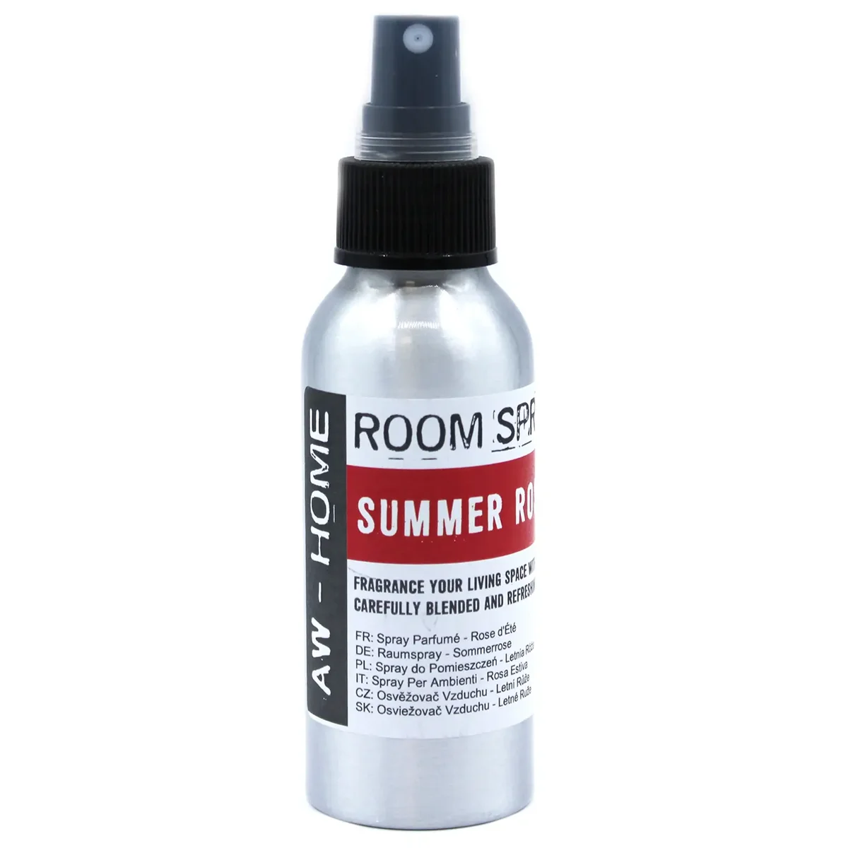 100ml room spray bottle labeled Summer Rose with pink floral design on a white background