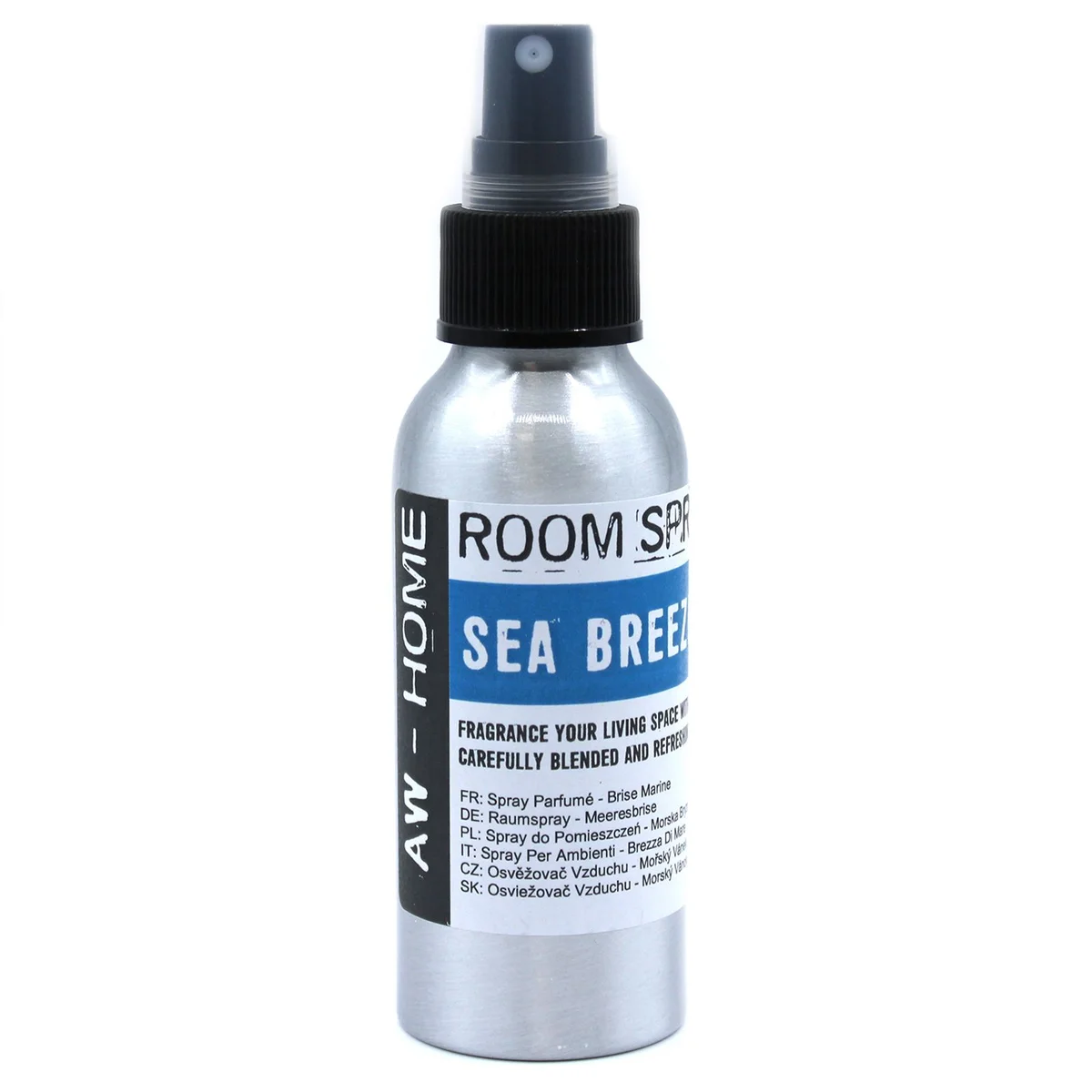 100ml bottle of sea breeze room spray with blue and white label on a plain background