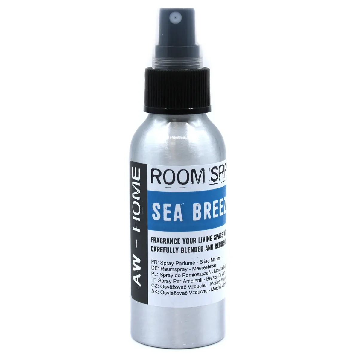 100ml room spray bottle labeled Sea Breeze with blue and white design on plain background