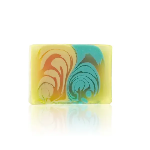 Handcrafted melon soap slice 100g with smooth texture and light melon color on white background