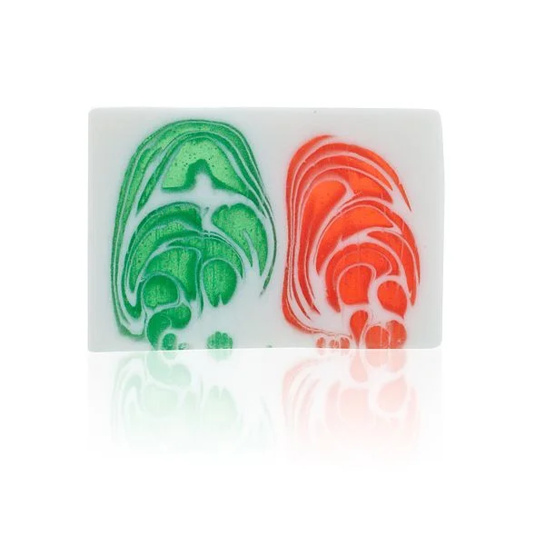 Handcrafted soap slice 100g in grape scent with purple and white marbled texture on white background