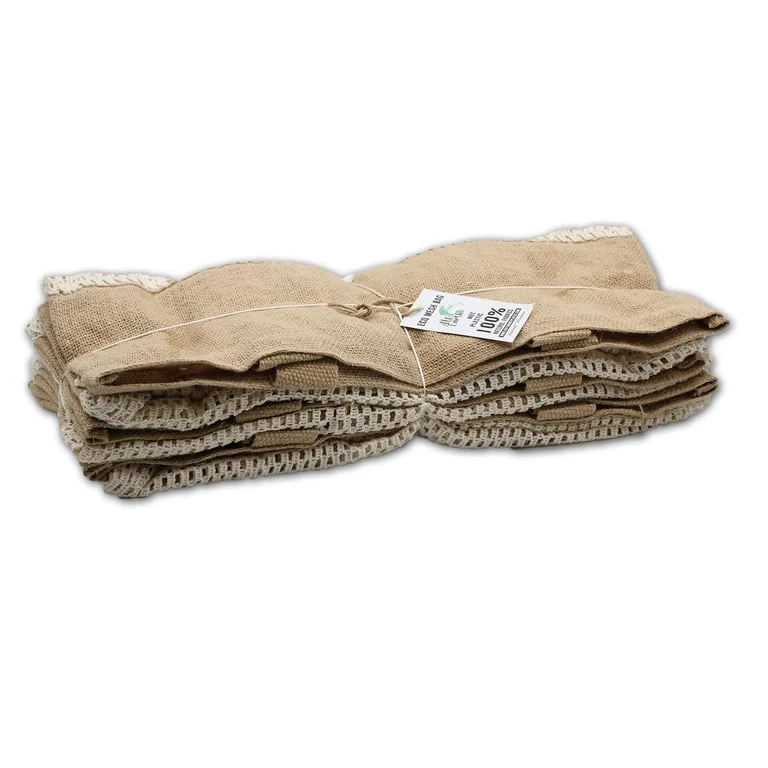 Soft jute mesh bag in natural colour, showing its woven texture and cotton mesh lining.