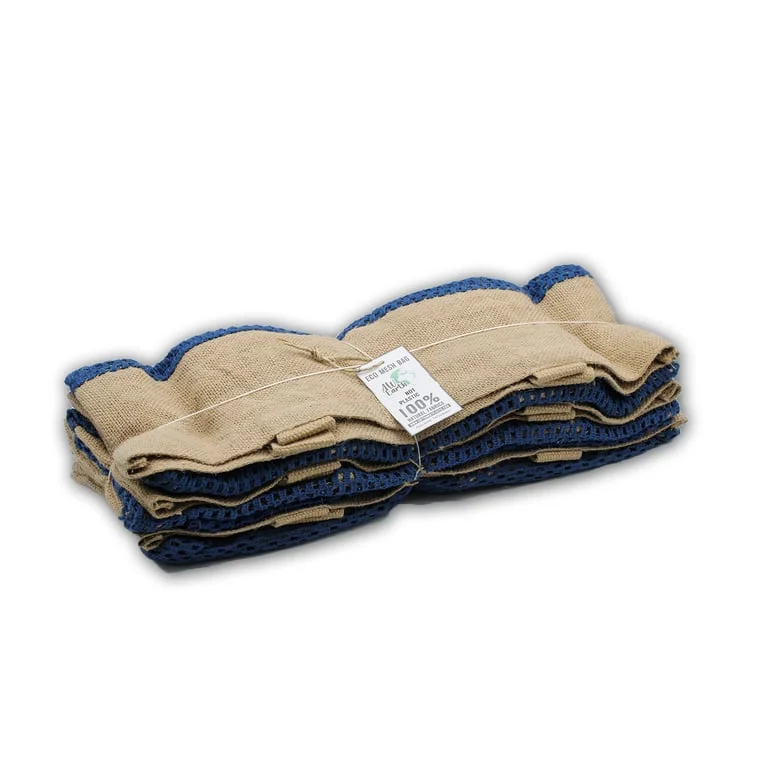 Soft jute mesh bag with denim design, showcasing woven jute and cotton mesh texture.