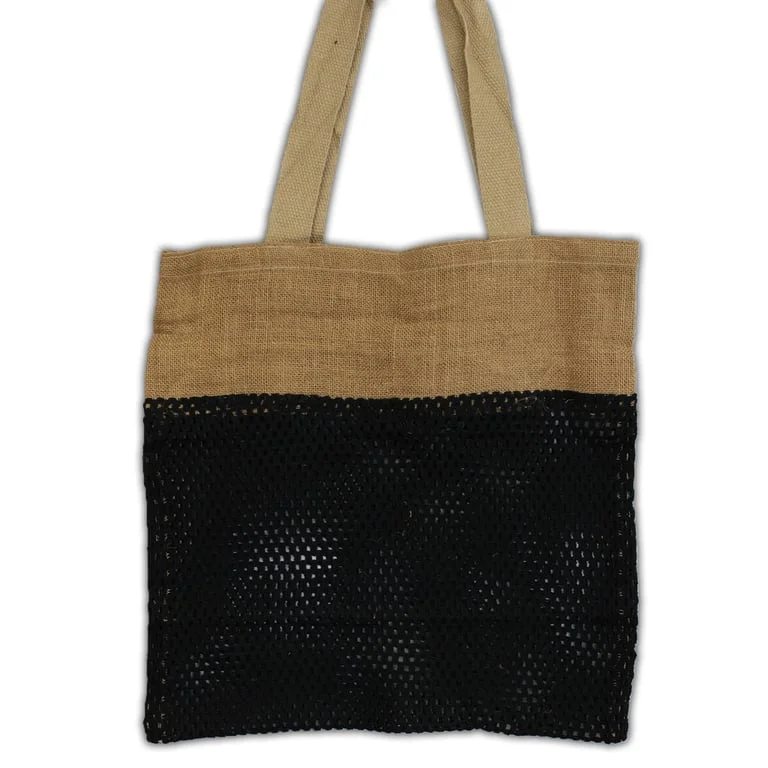 Soft jute mesh bag in black, showing woven jute and cotton mesh construction.