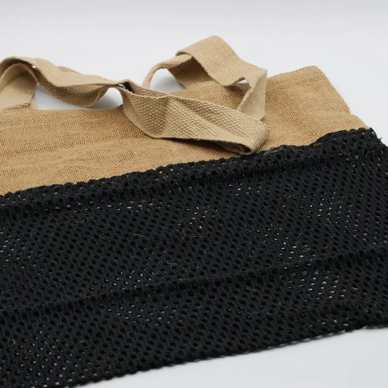 Black mesh bag made of pure soft jute and cotton mesh.