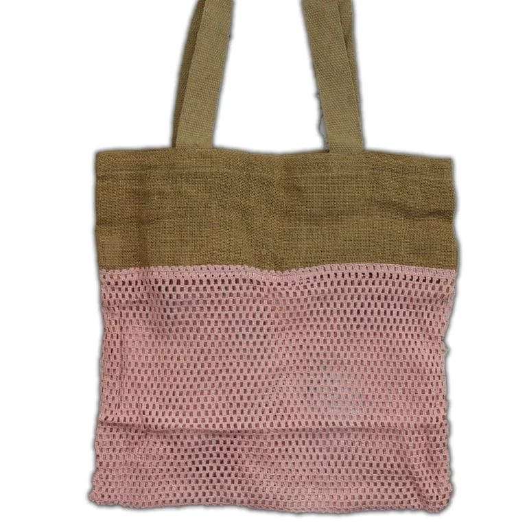 Soft jute cotton mesh bag in rose colour, showing woven texture and open front.