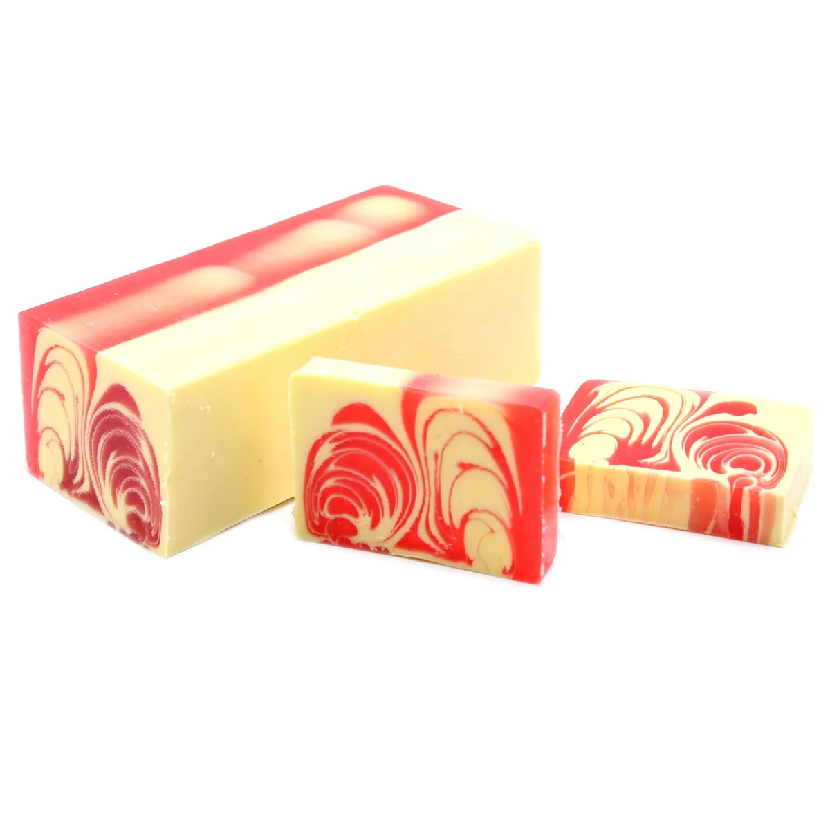 Handcrafted soap loaf in strawberry scent weighing 1.2kg, rectangular block with smooth surface and pink color