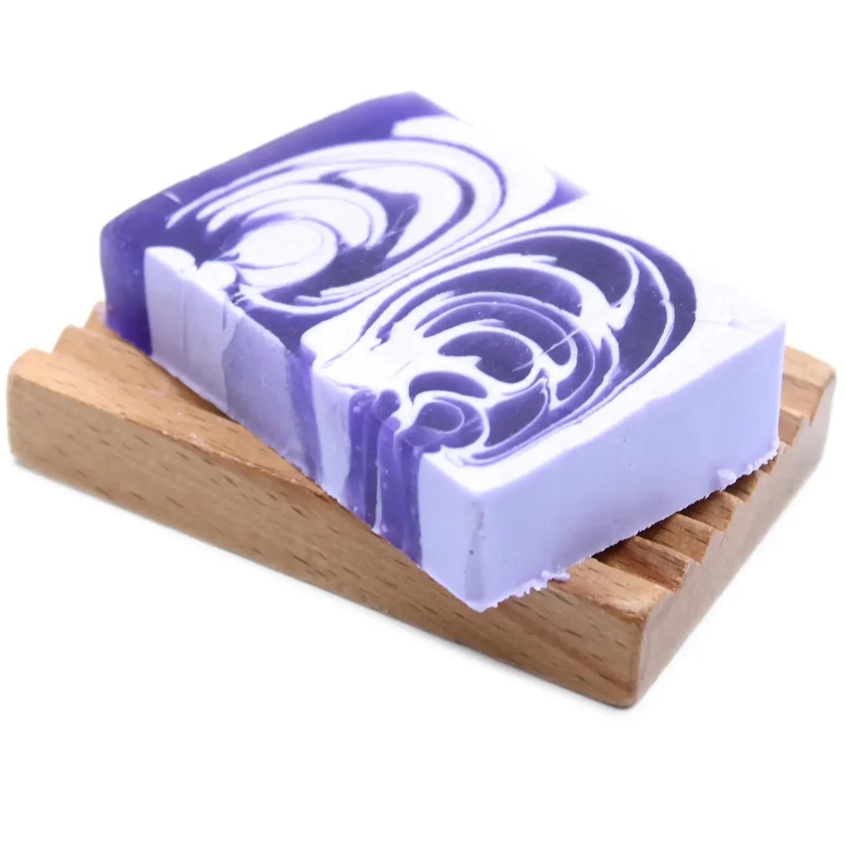 Handcrafted lilac scented 100g soap slice with smooth texture on plain background