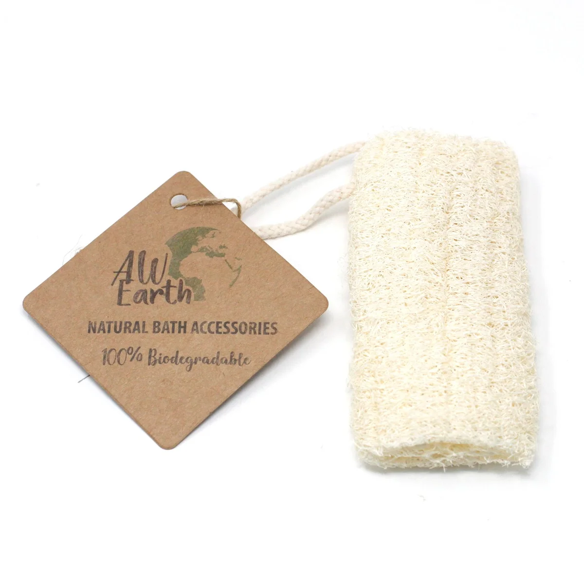 Natural loofah scrub on a rope, 5 inches long, showing textured fibrous surface for exfoliating skin