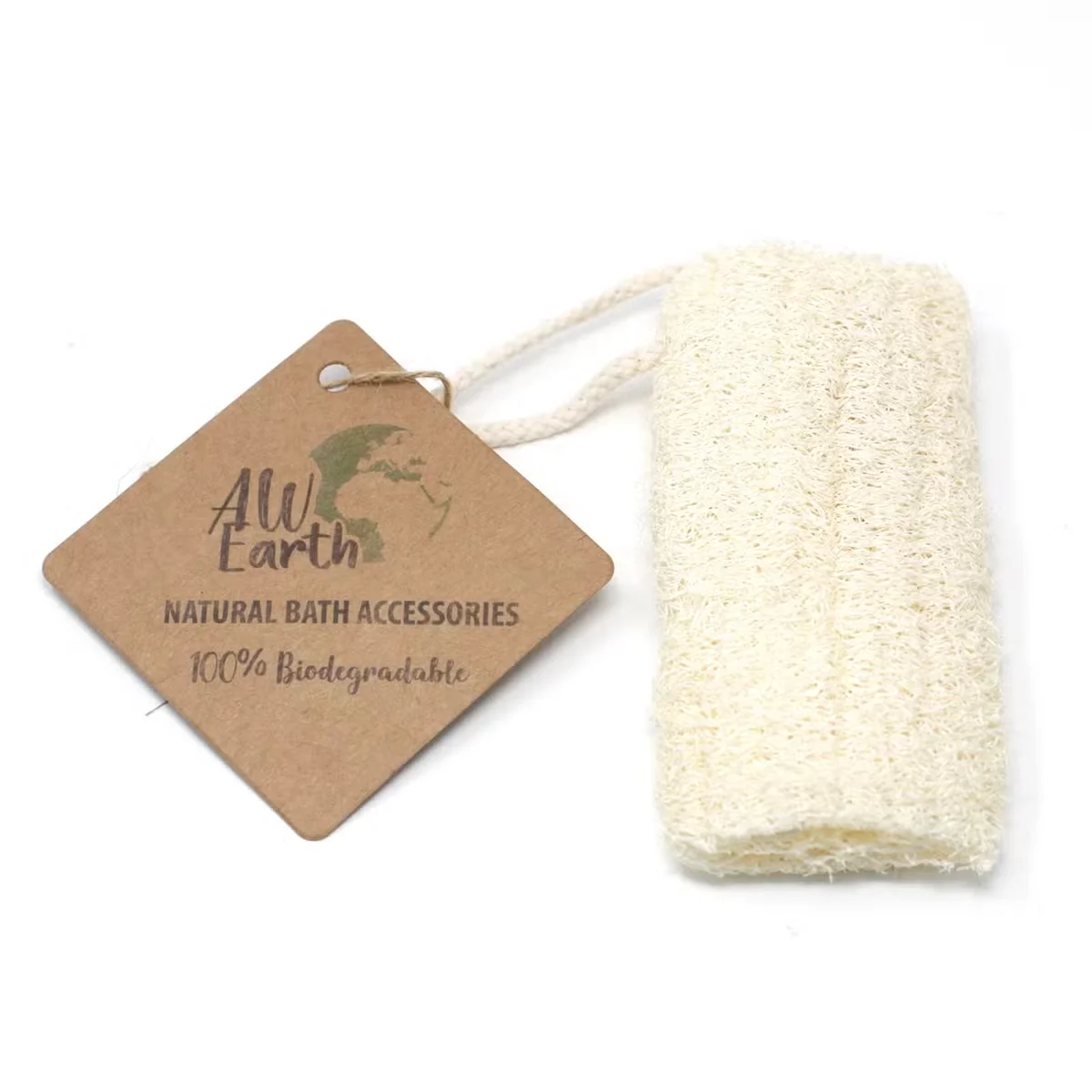 Natural bath scrub made from a 5-inch natural loofah with an attached hanging rope for easy use and drying