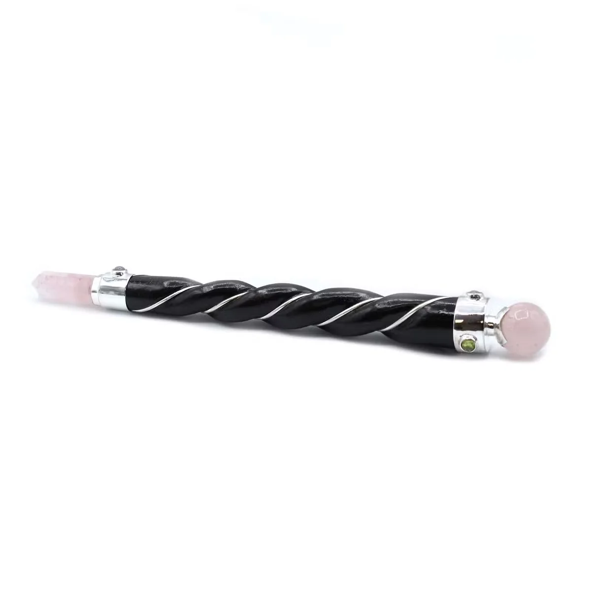 Silver twisted healing wand decor with a smooth rose quartz sphere at the tip, elegant and polished finish