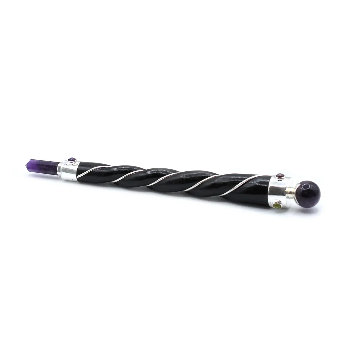 Silver twisted healing wand with a smooth amethyst sphere on one end against a plain background