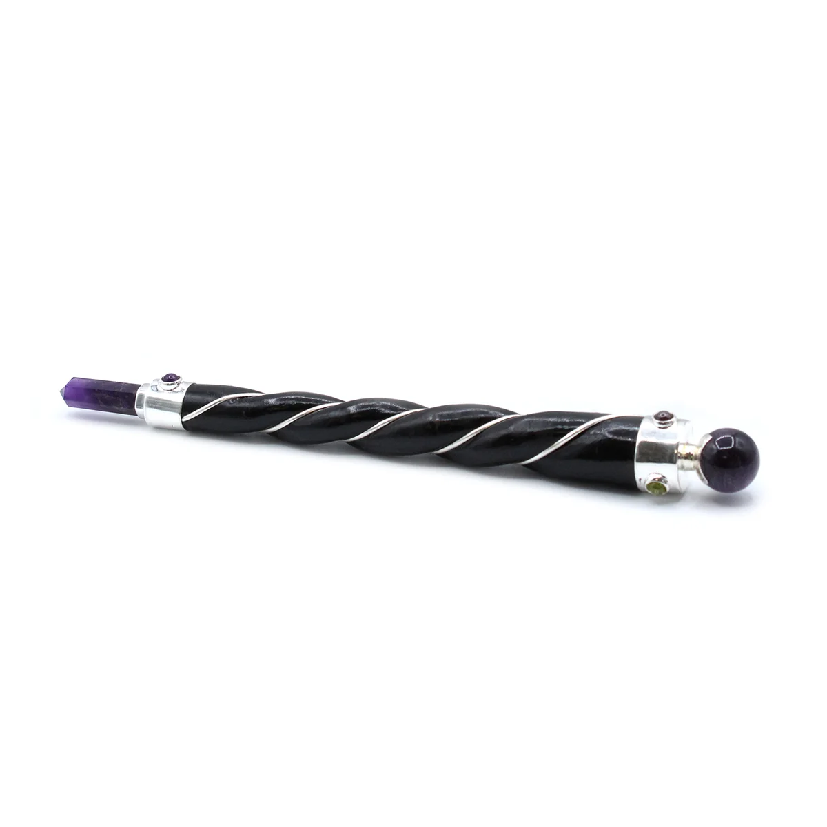 Twisted healing wand featuring a silver amethyst sphere on a sleek silver handle against a white background