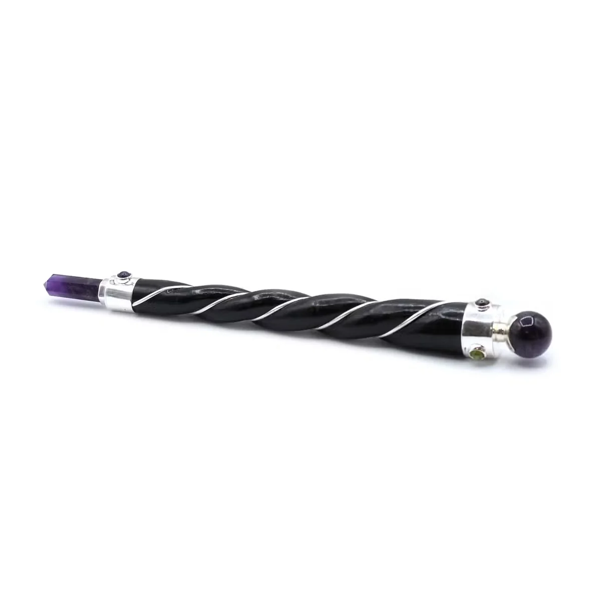 Silver twisted decorative healing wand featuring a polished amethyst sphere on a white background, position 3 view