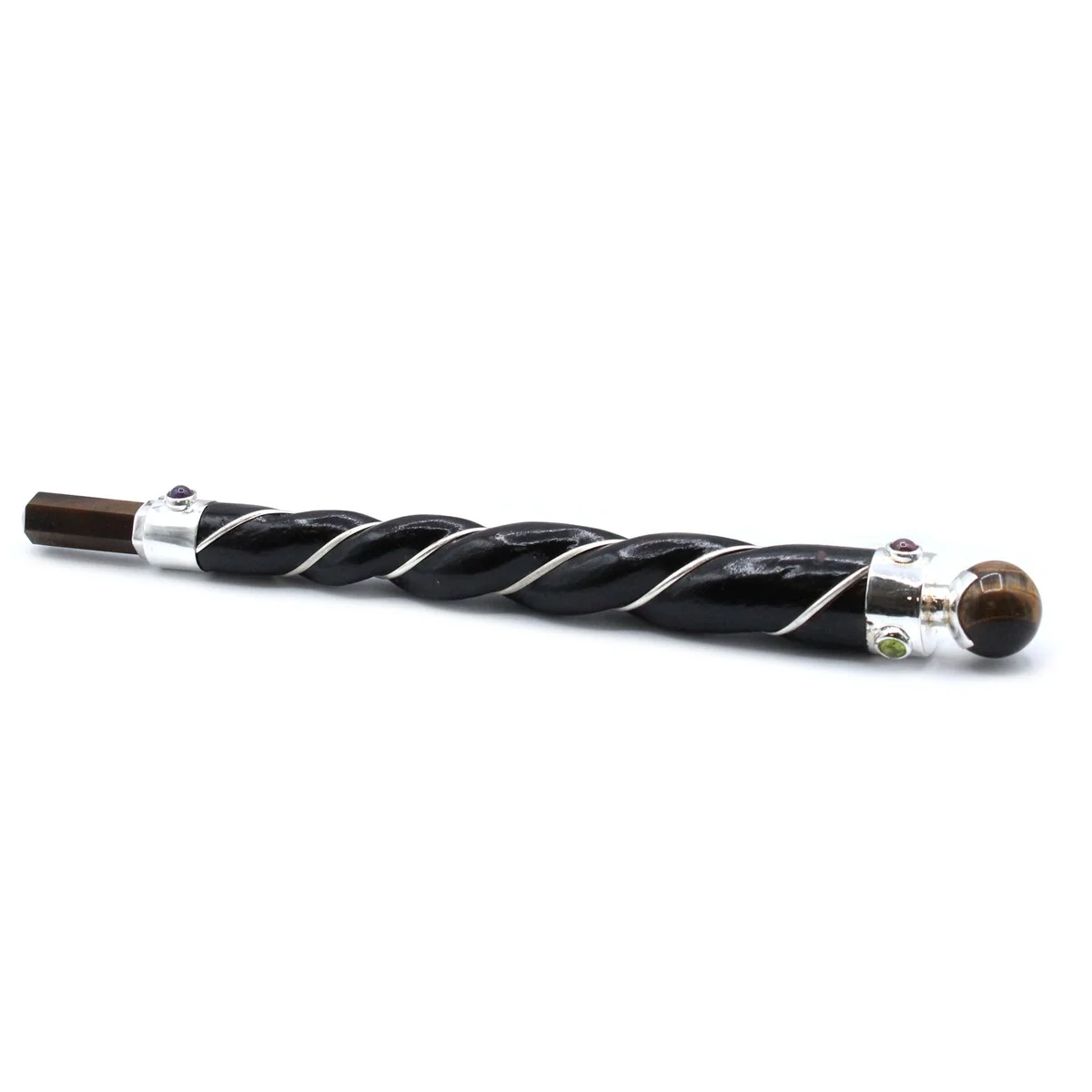 Twisted healing wand copper with tiger eye stone shaped like a star on a white background
