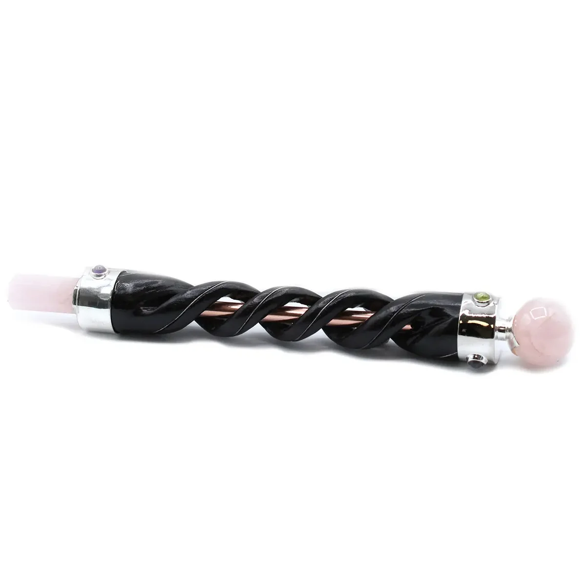 Spiral carving wand made of copper pipe with a polished rose quartz tip for healing purposes