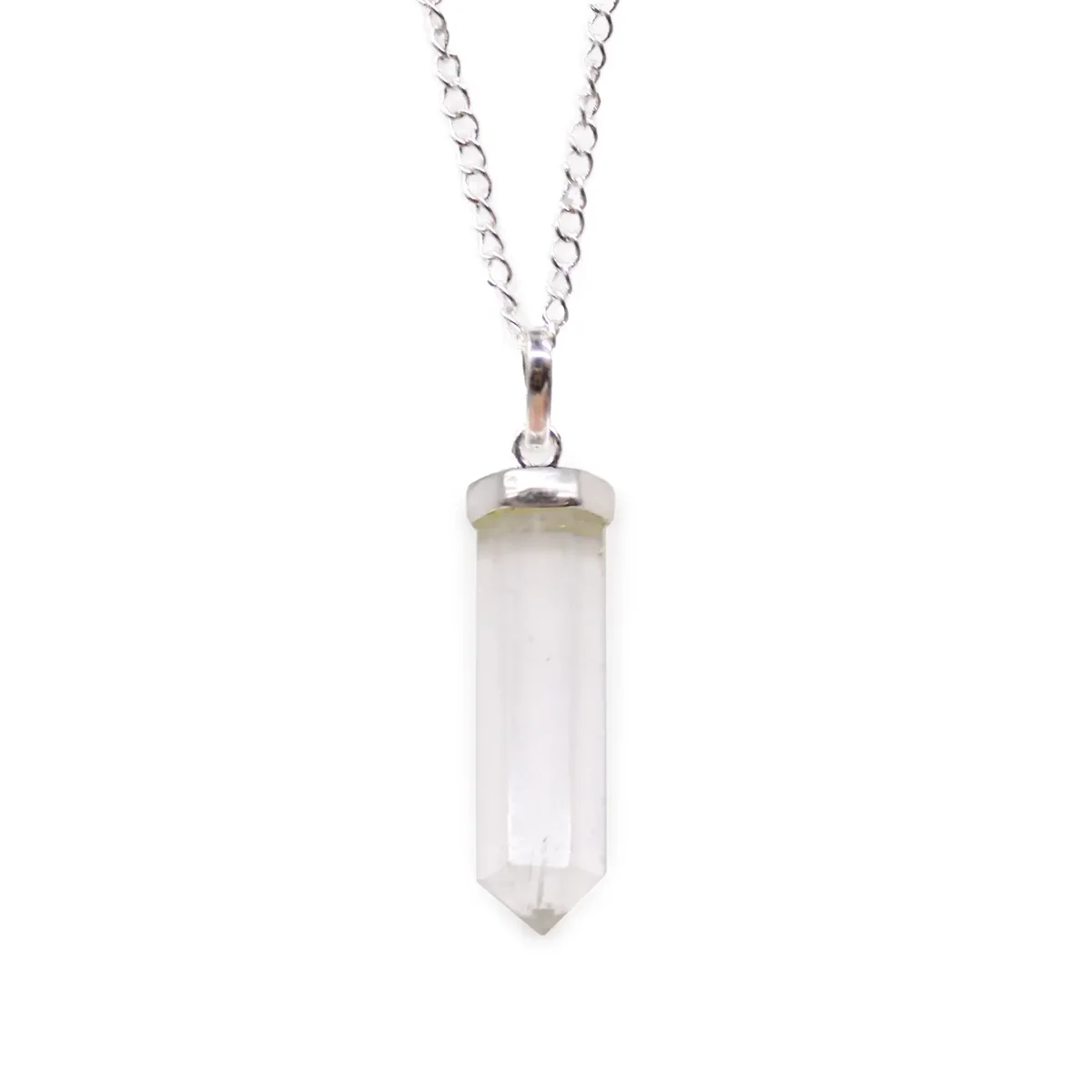 Gemstone point pendant featuring a classic rock quartz crystal in a simple, elegant design