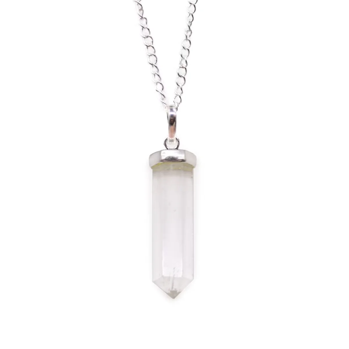 Natural stone pendant featuring a classic rock quartz point on a silver chain against a white background