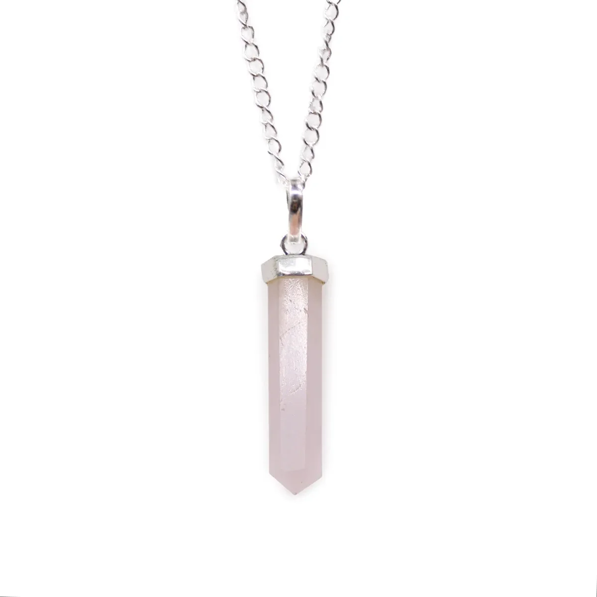 Rose quartz gemstone pendant necklace with classic pointed design on a delicate chain against white background