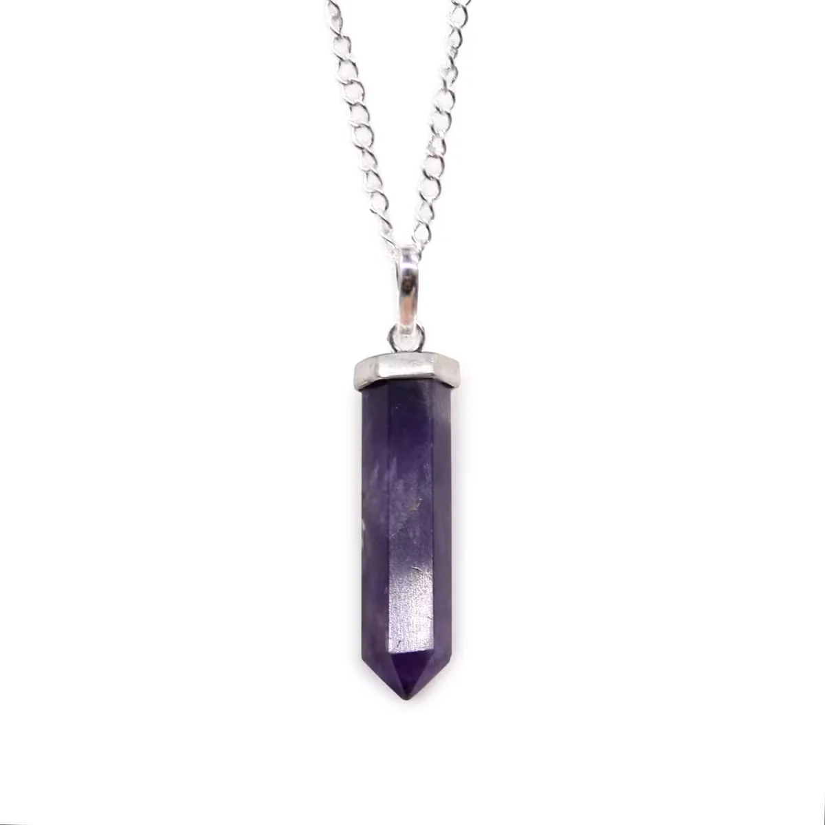 Classic point pendant featuring a polished purple amethyst gemstone, perfect amethyst jewellery UK accessory