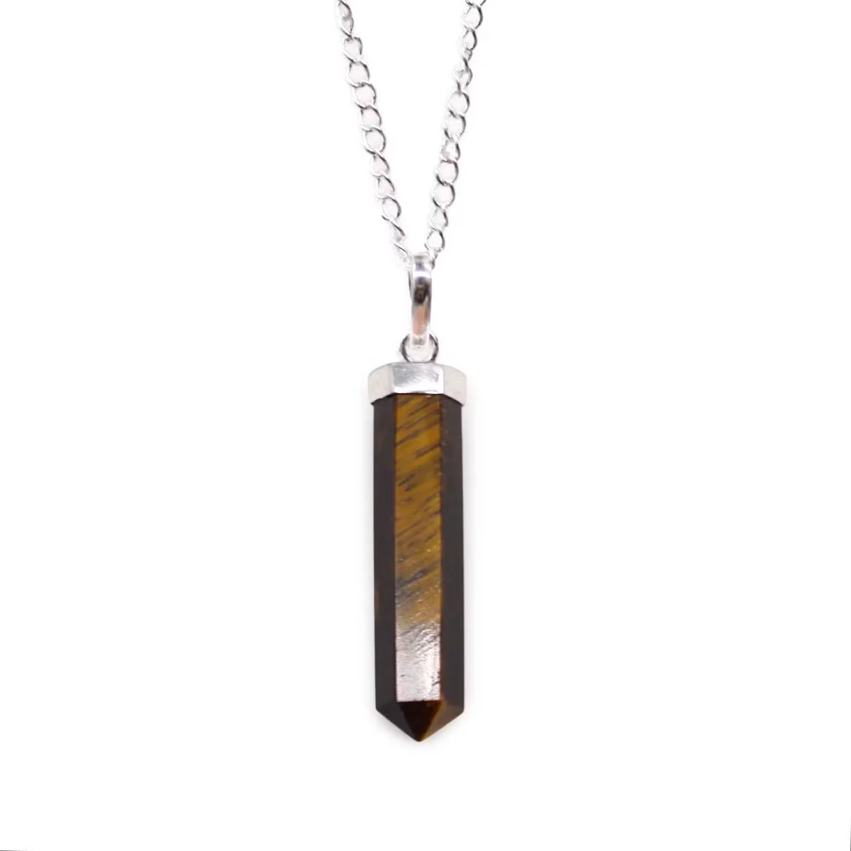 Natural gemstone pendant featuring a polished tiger eye classic point design on a silver chain, shown against a white background