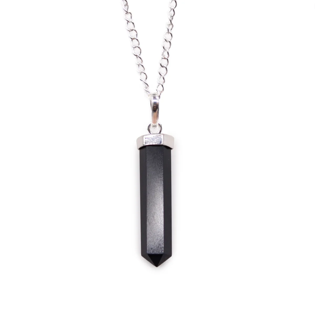 Black agate pendant with classic gemstone point design on a silver chain against white background