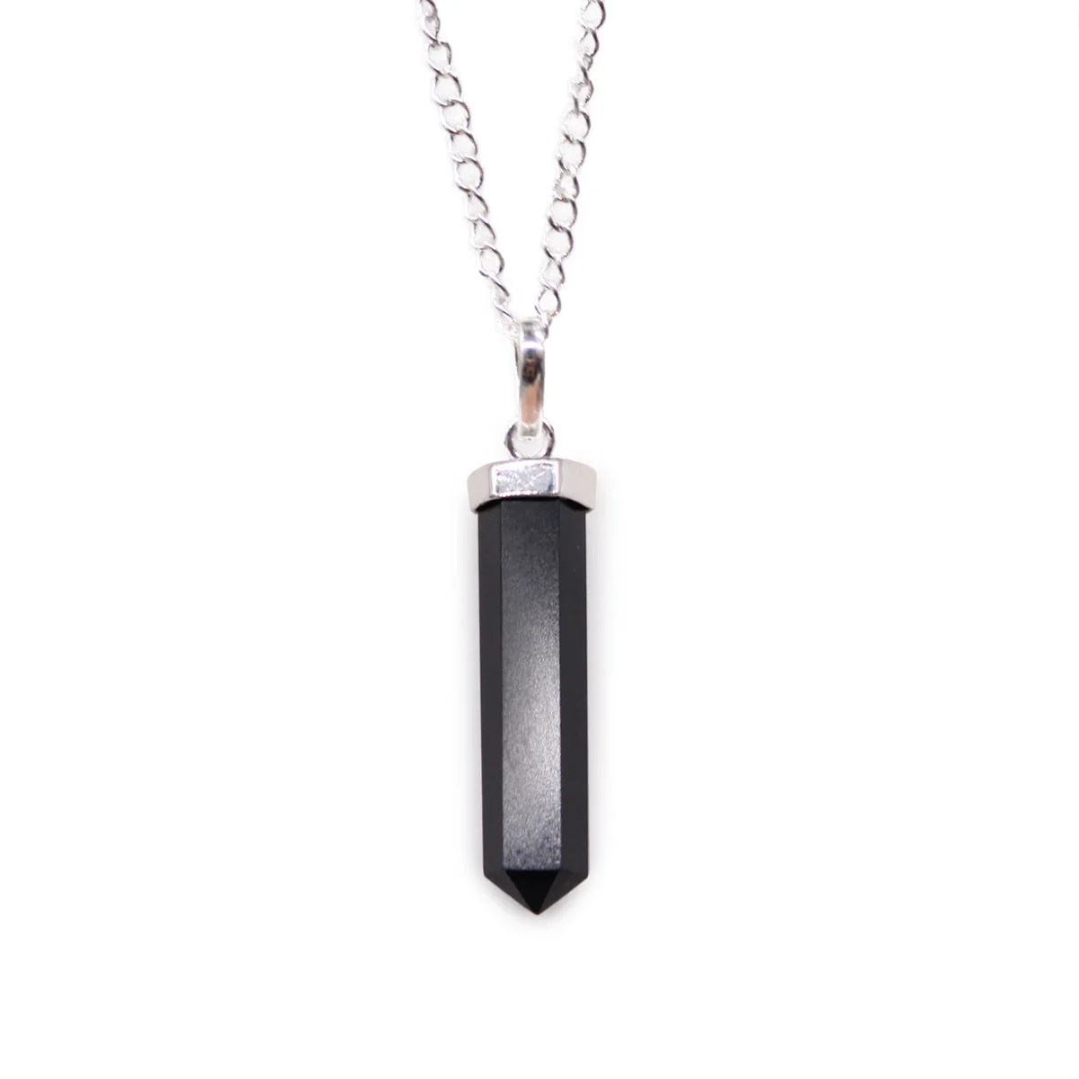 Classic black pendant featuring a polished black agate gemstone in a pointed shape on a silver chain, position 2 view