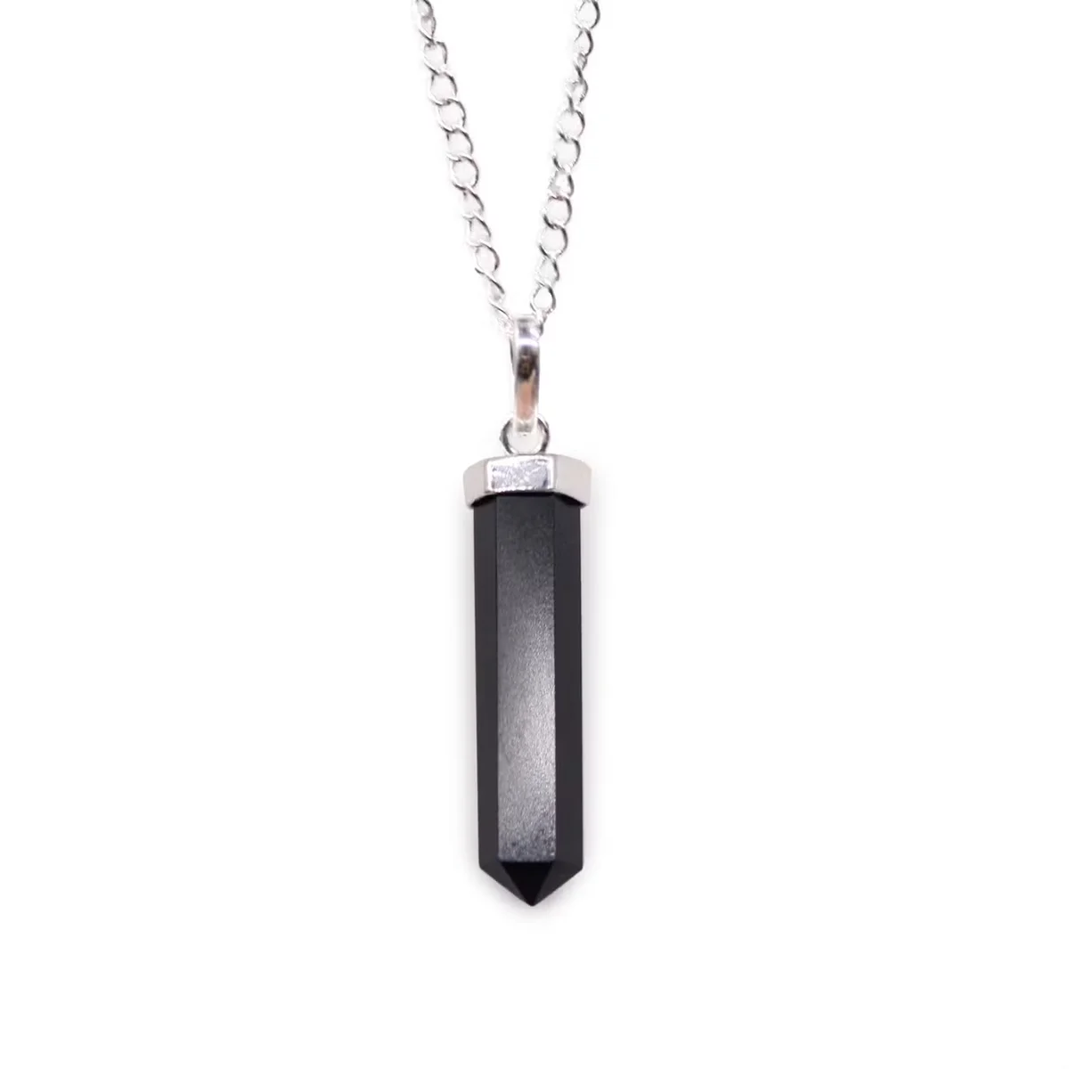 Black agate stone necklace with classic pointed gemstone pendant on silver chain against white background