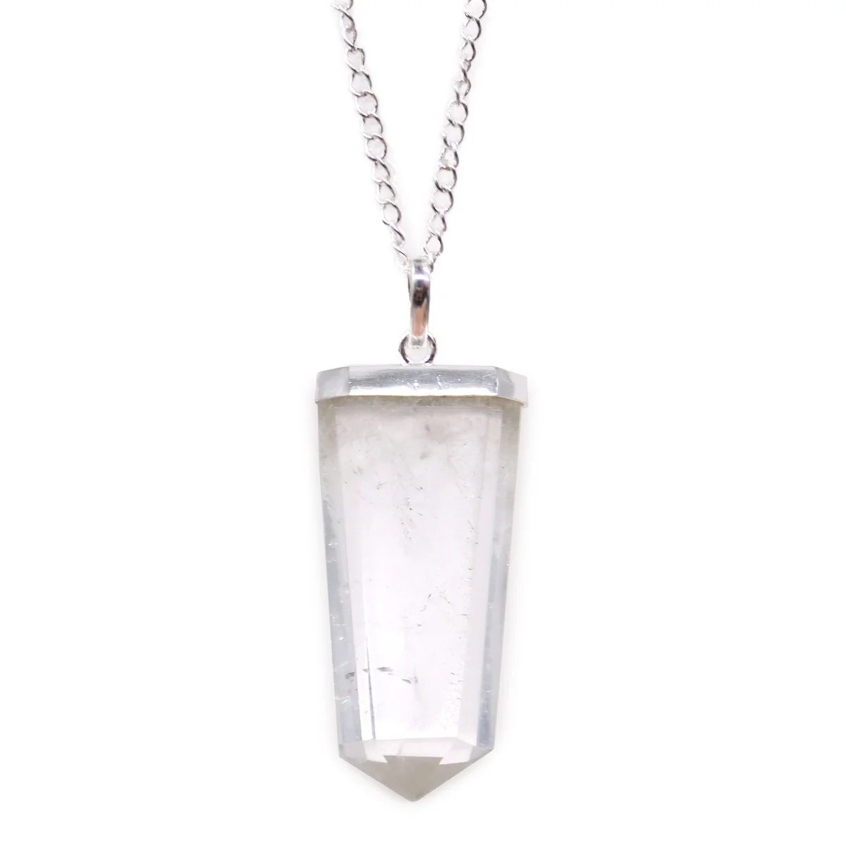 Flat pencil-shaped rock quartz pendant with a smooth polished surface on a white background