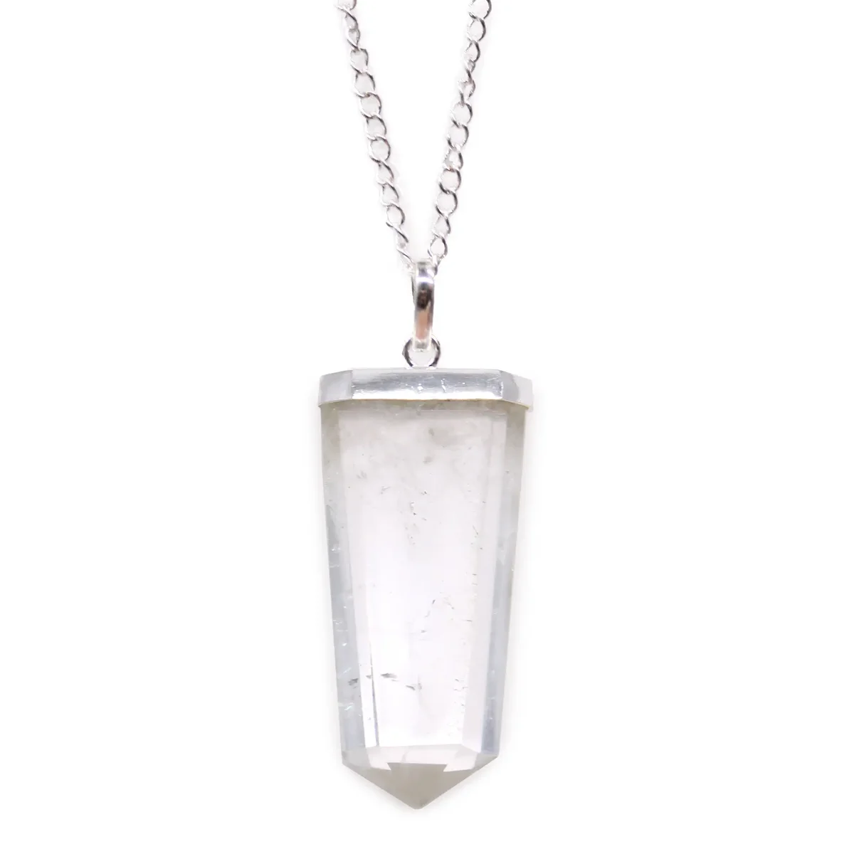 Flat pencil-shaped rock quartz gemstone necklace pendant with silver chain on white background