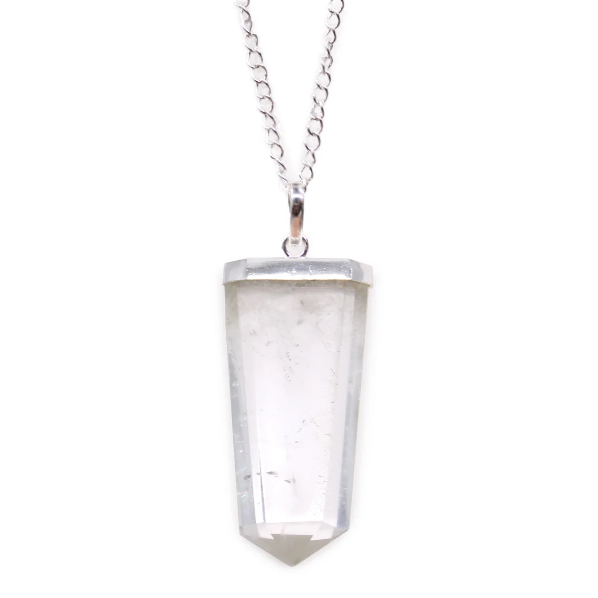 Flat pencil pendant featuring a polished rock quartz gemstone on a silver chain against a white background