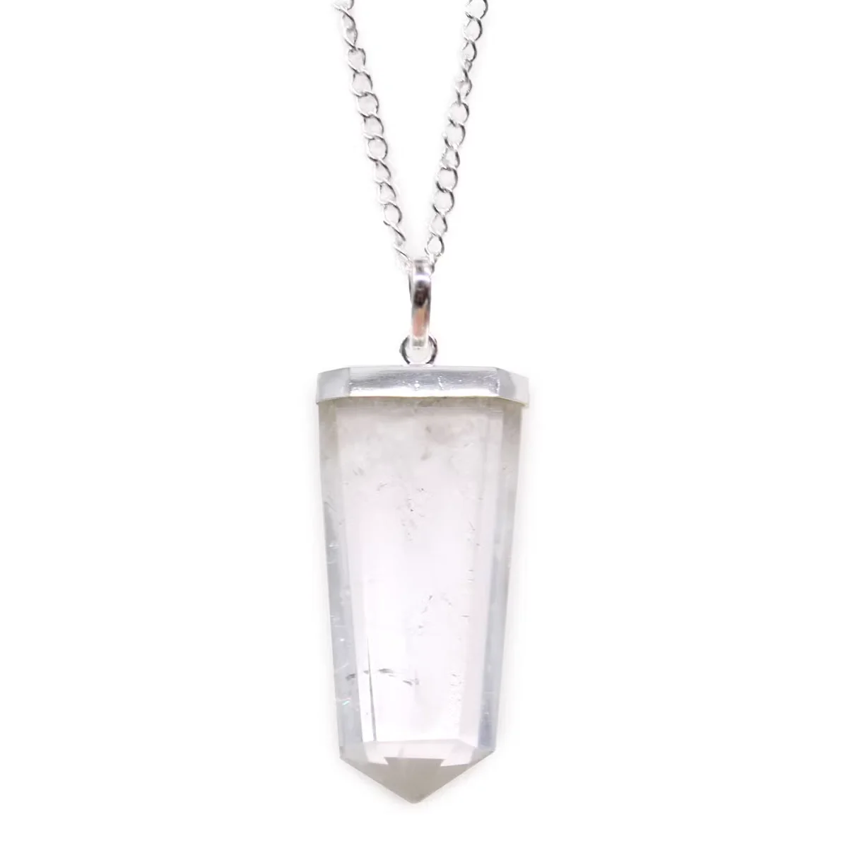 Flat pencil-shaped rock quartz pendant on a chain, showcasing quartz jewellery design and natural gemstone texture