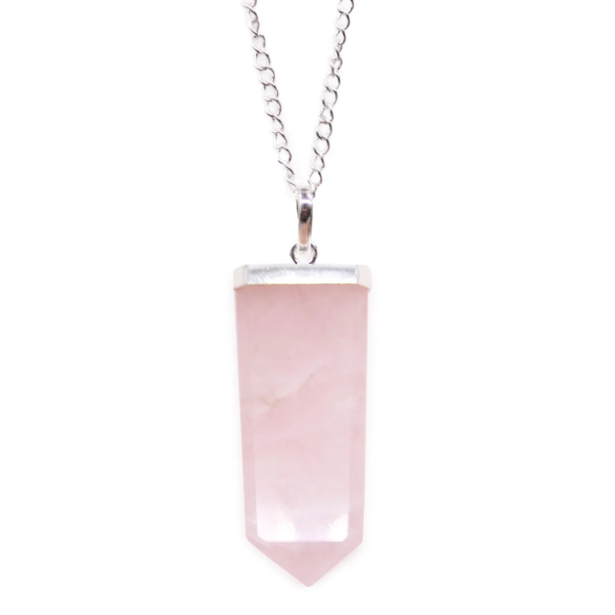 Flat rose quartz pendant shaped like a pencil on a delicate chain necklace against a white background