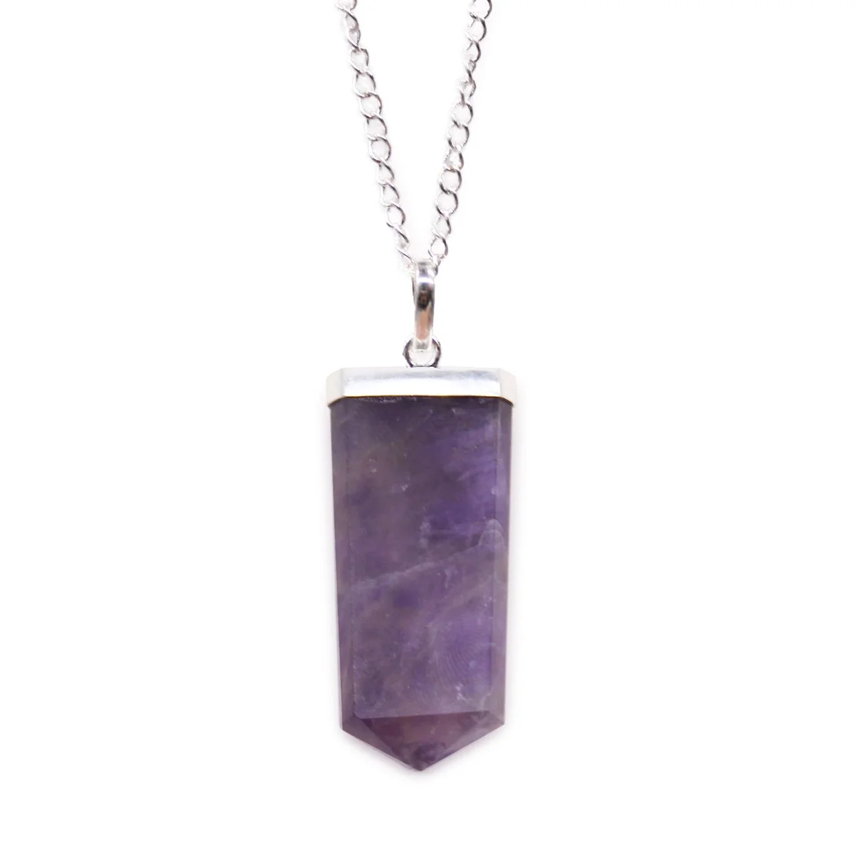 Flat pencil-shaped amethyst pendant necklace with silver chain on white background