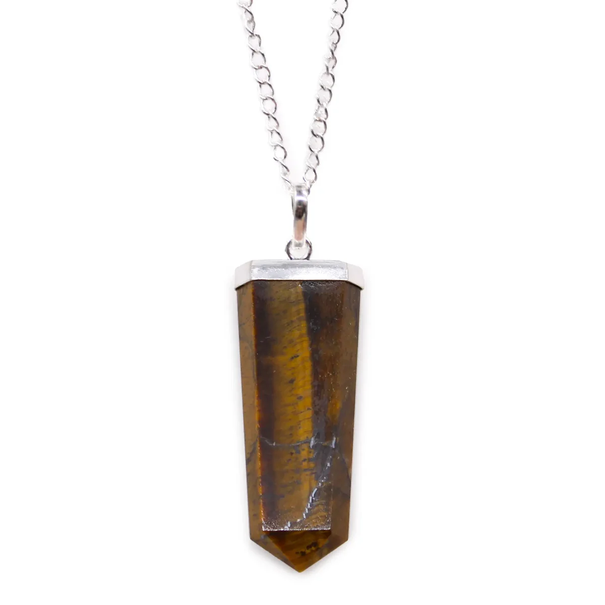 Flat pencil-shaped tiger eye gemstone pendant necklace with a smooth polished surface on a silver chain