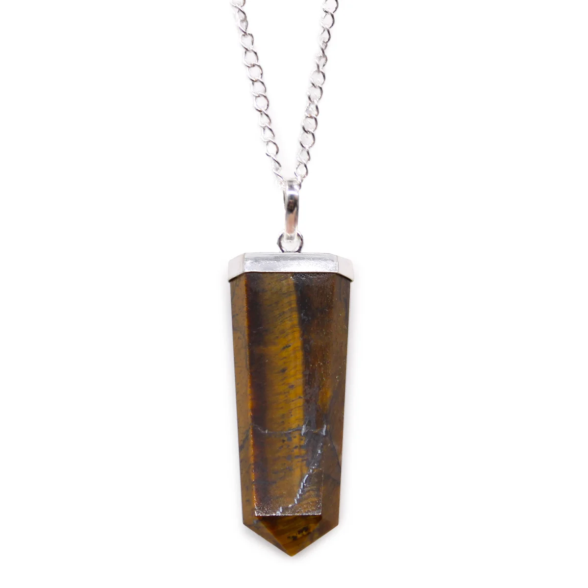 Tiger Eye flat pencil pendant with smooth polished gemstone surface on a silver chain against white background