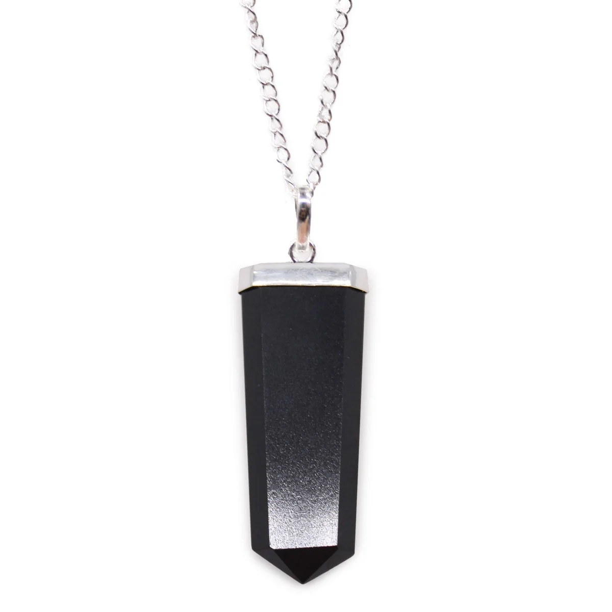 Black agate pendant shaped like a flat pencil with smooth polished surface on a white background