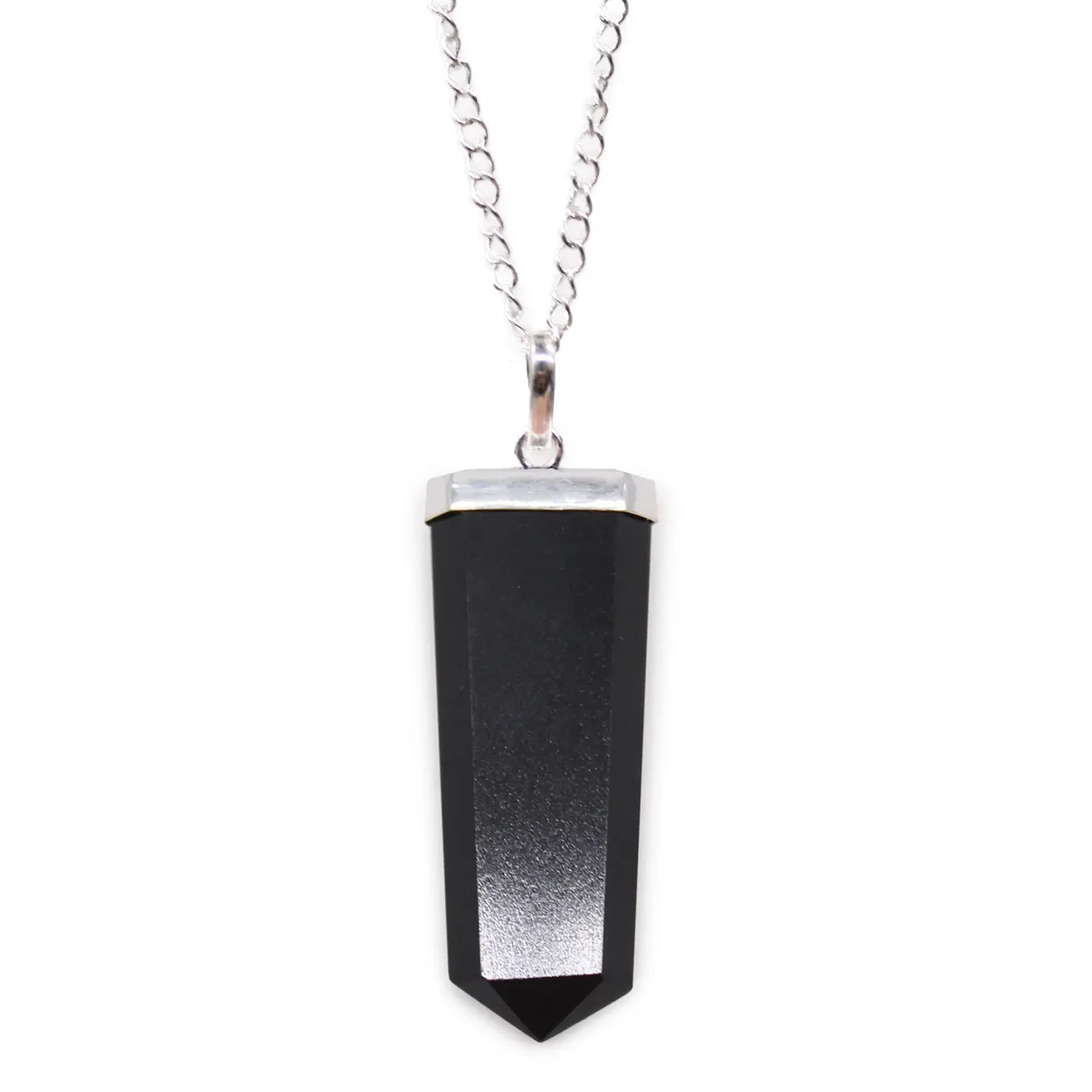 Black agate gemstone pencil pendant with flat, polished surface on a silver chain against white background