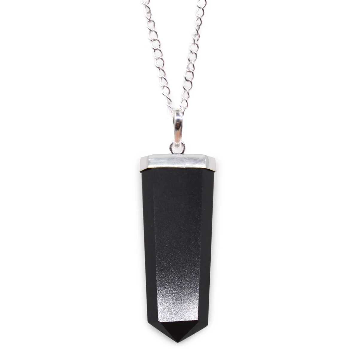 Black agate flat pencil necklace pendant with smooth polished surface and silver chain on white background