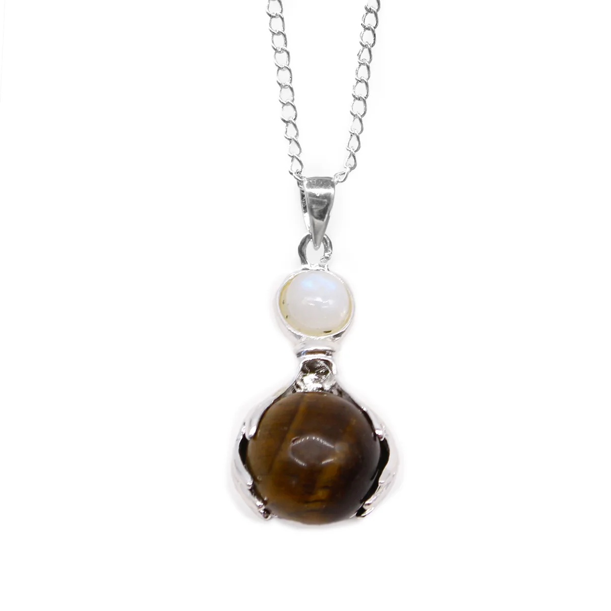 Healing hands pendant featuring a polished tiger eye gemstone set in a silver-tone hand-shaped design