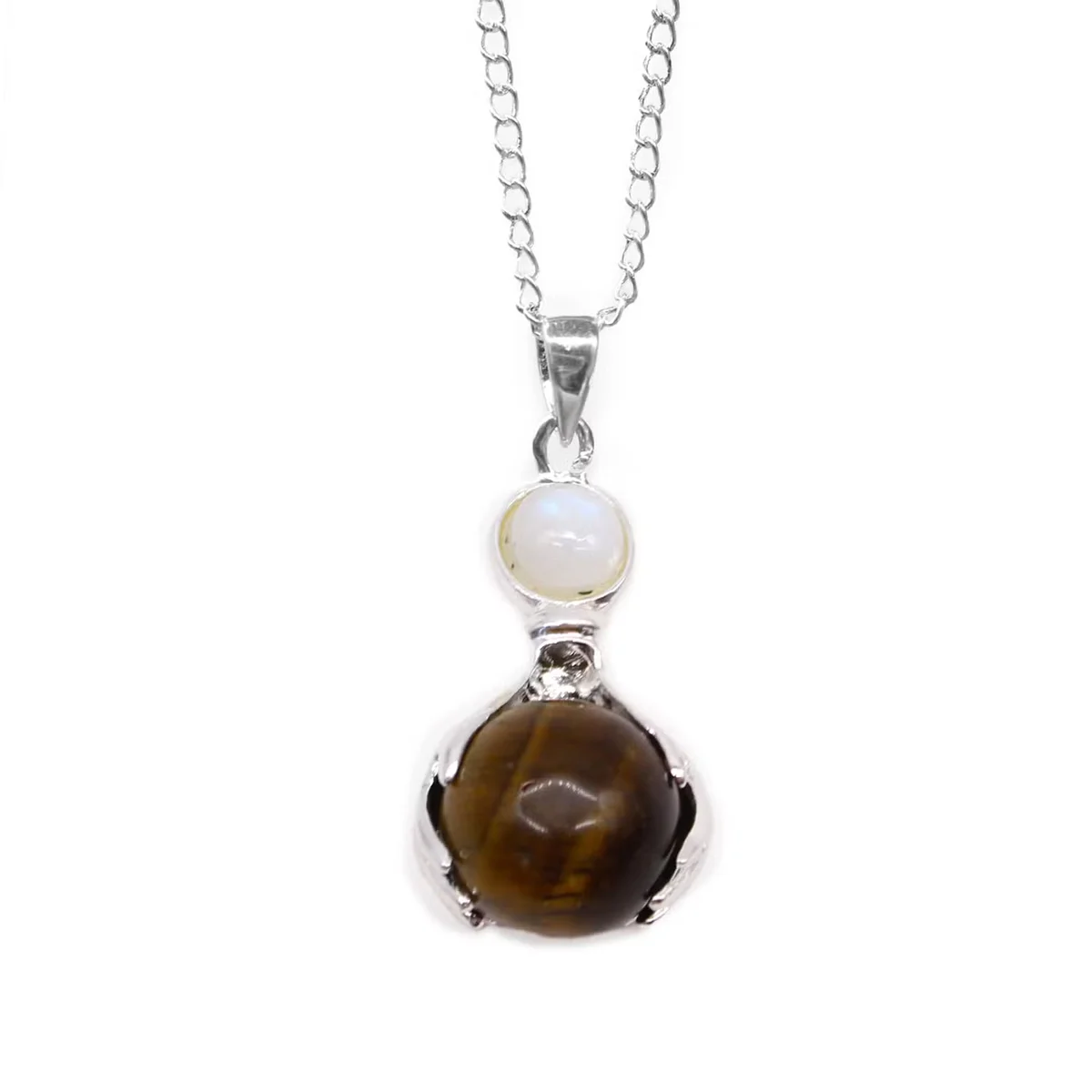 Tiger eye jewellery pendant shaped like healing hands with polished brown and gold gemstone surface