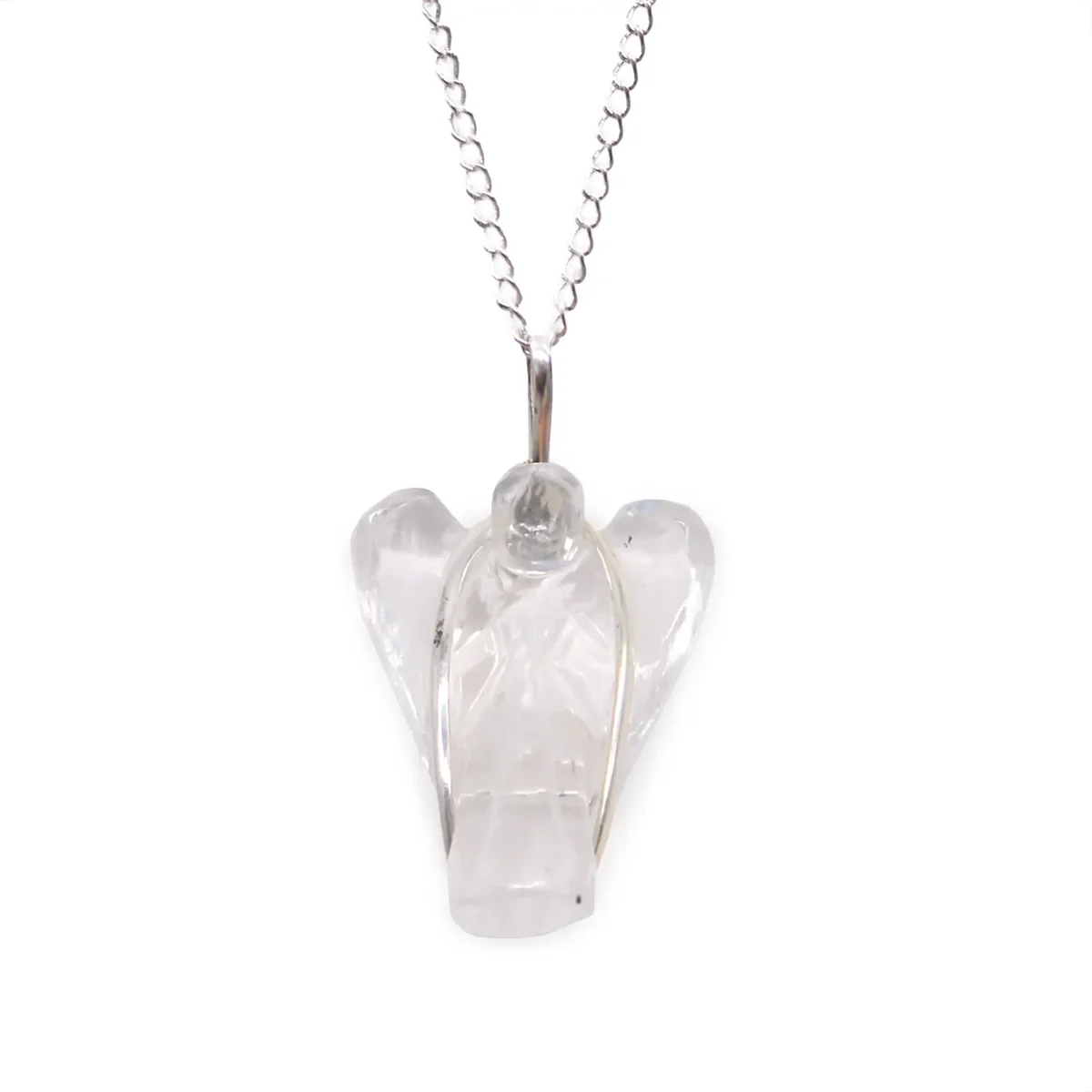 Guardian angel pendant crafted from clear rock quartz gemstone on a silver chain necklace