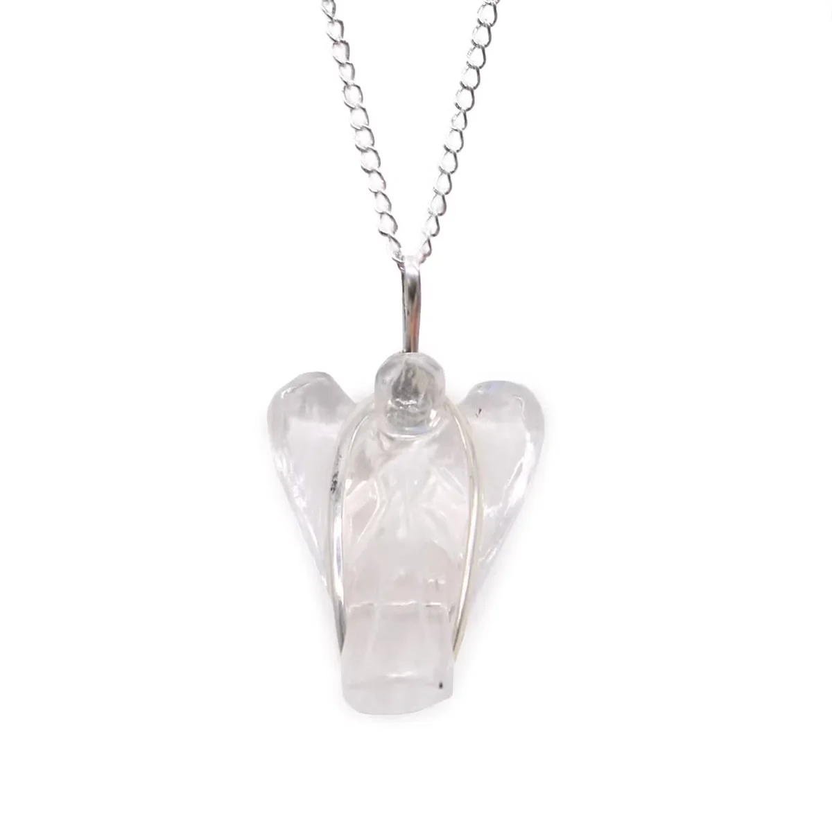 Rock Quartz gemstone angel pendant necklace with detailed wings and silver chain on white background