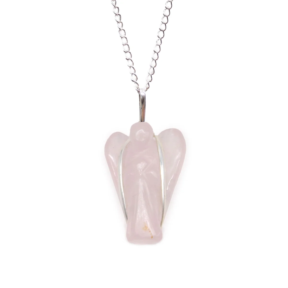 Rose quartz guardian angel pendant with a delicate angel design on a silver chain against a white background