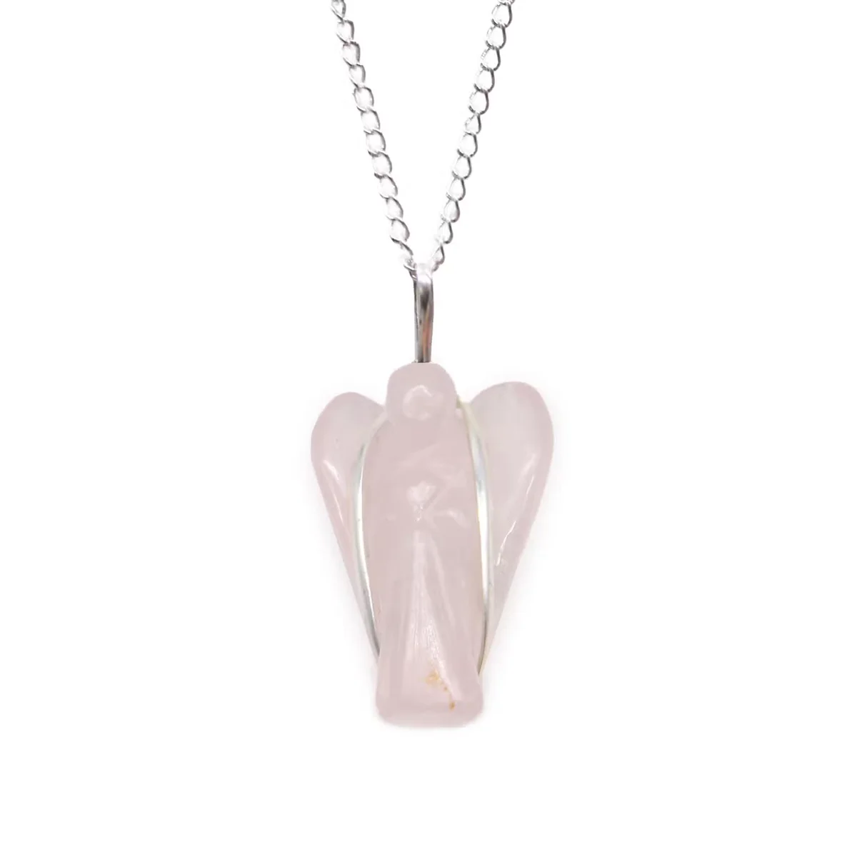 Rose quartz gemstone guardian angel pendant on silver chain, delicate angel jewellery with soft pink stone
