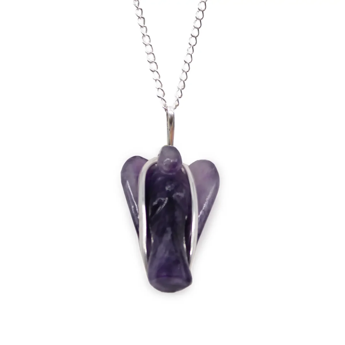 Gemstone angel pendant featuring a purple amethyst guardian angel design on a silver chain