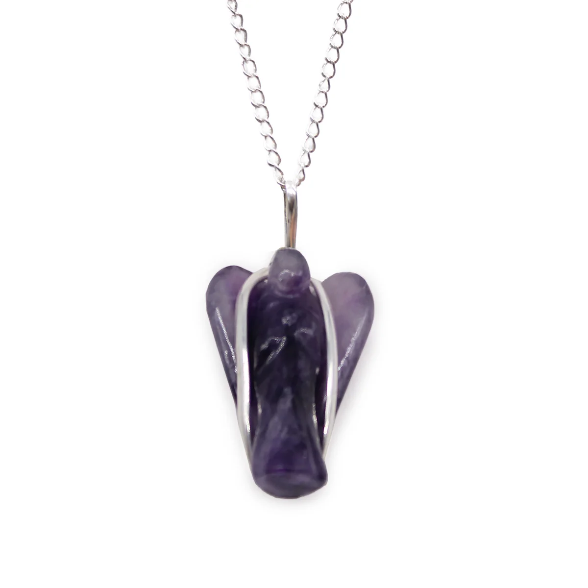 Amethyst pendant necklace featuring a guardian angel design with purple gemstone on silver chain against white background
